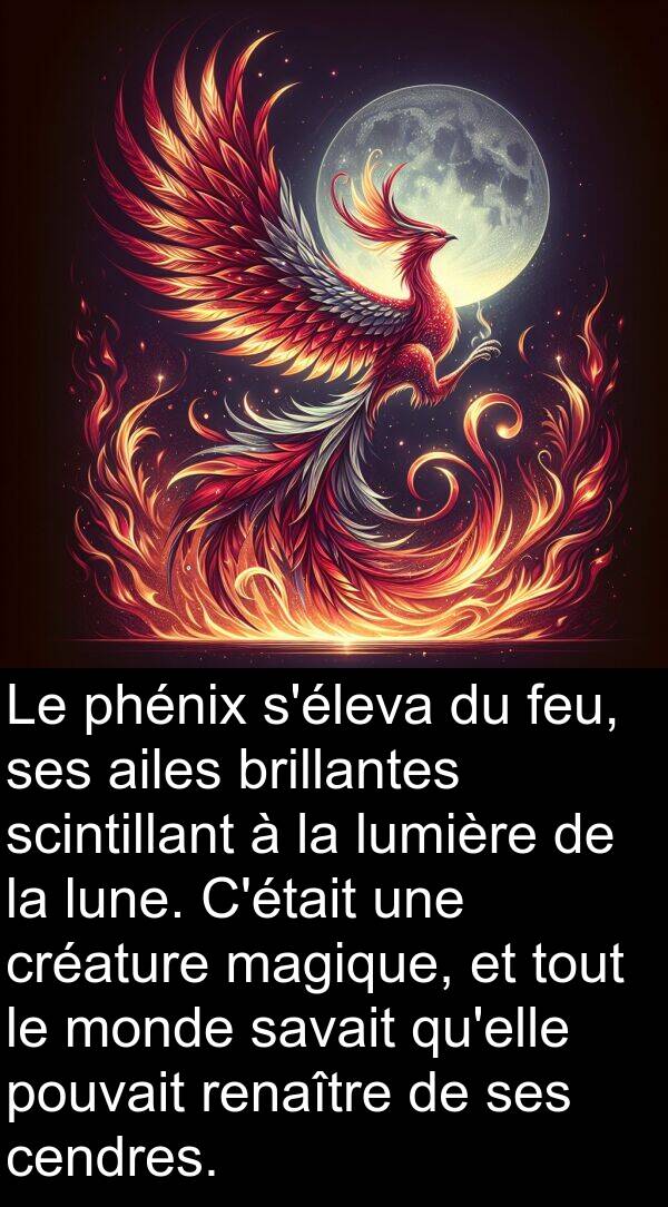 lune: Le phénix s'éleva du feu, ses ailes brillantes scintillant à la lumière de la lune. C'était une créature magique, et tout le monde savait qu'elle pouvait renaître de ses cendres.