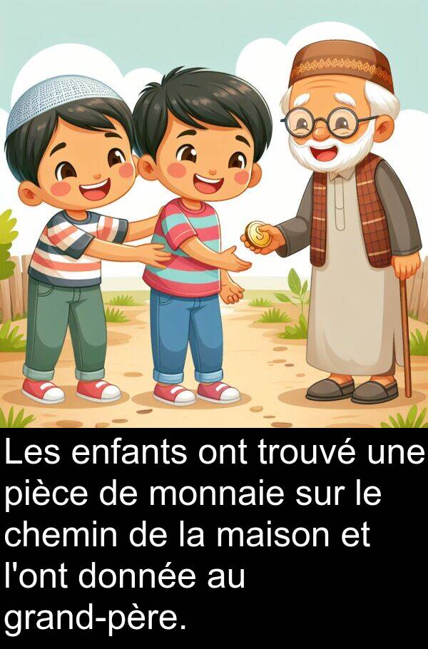 monnaie: Les enfants ont trouvé une pièce de monnaie sur le chemin de la maison et l'ont donnée au grand-père.
