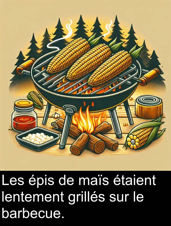 lentement: Les épis de maïs étaient lentement grillés sur le barbecue.