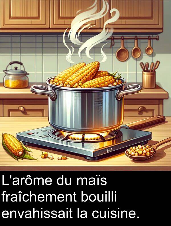 bouilli: L'arôme du maïs fraîchement bouilli envahissait la cuisine.