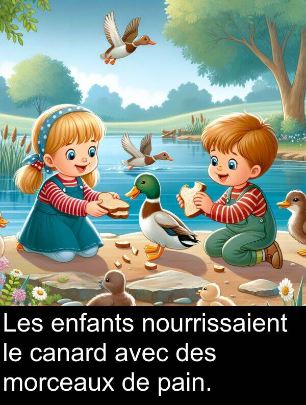 enfants: Les enfants nourrissaient le canard avec des morceaux de pain.