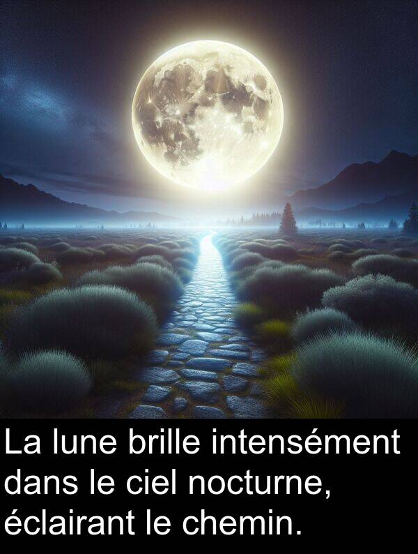 lune: La lune brille intensément dans le ciel nocturne, éclairant le chemin.