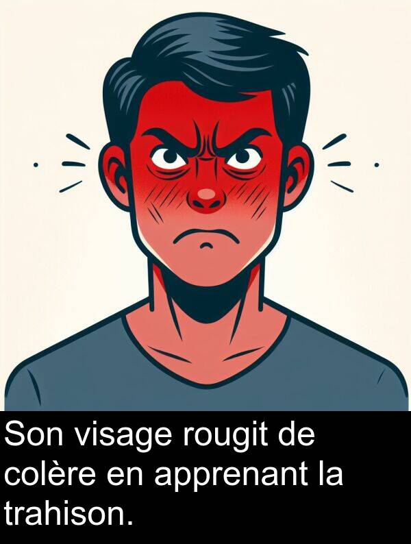 visage: Son visage rougit de colère en apprenant la trahison.