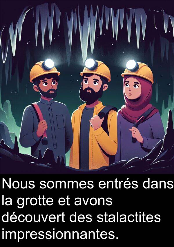 découvert: Nous sommes entrés dans la grotte et avons découvert des stalactites impressionnantes.