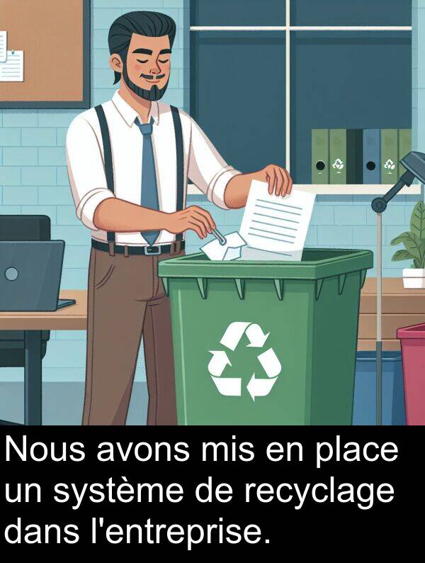 mis: Nous avons mis en place un système de recyclage dans l'entreprise.