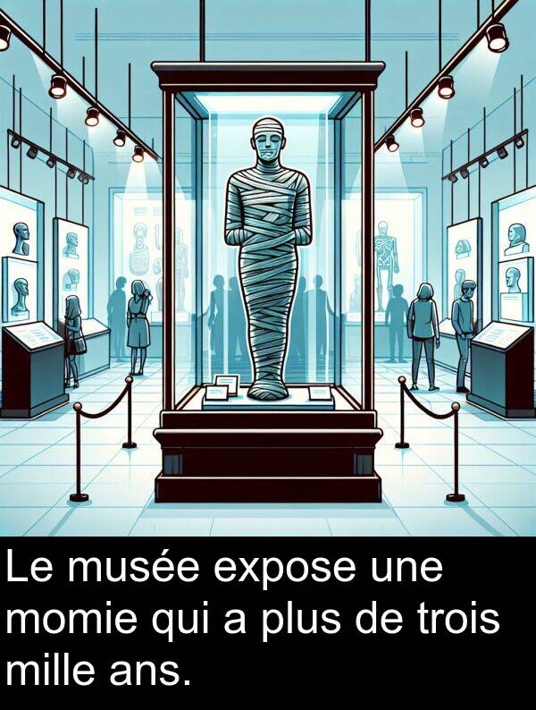 expose: Le musée expose une momie qui a plus de trois mille ans.