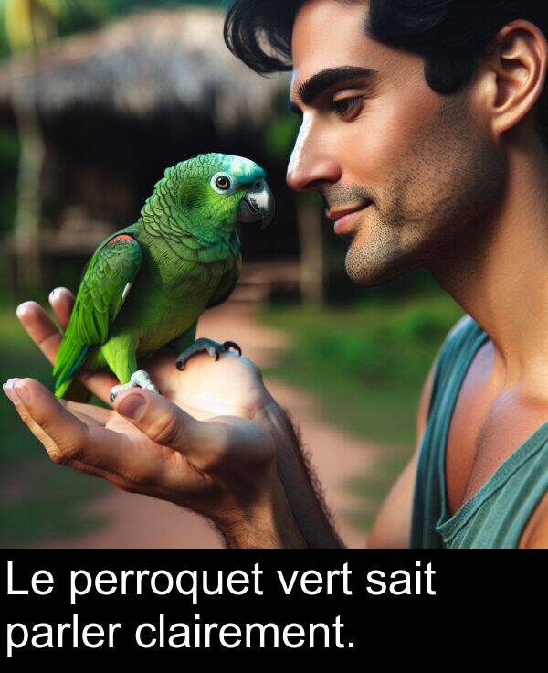 sait: Le perroquet vert sait parler clairement.