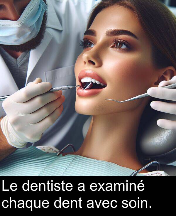 soin: Le dentiste a examiné chaque dent avec soin.