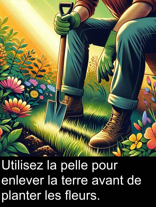 avant: Utilisez la pelle pour enlever la terre avant de planter les fleurs.