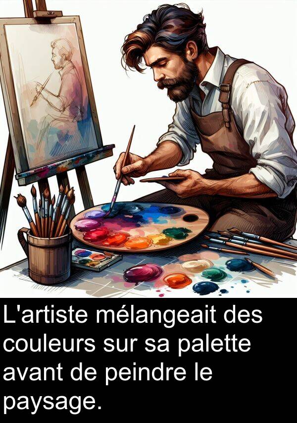 avant: L'artiste mélangeait des couleurs sur sa palette avant de peindre le paysage.