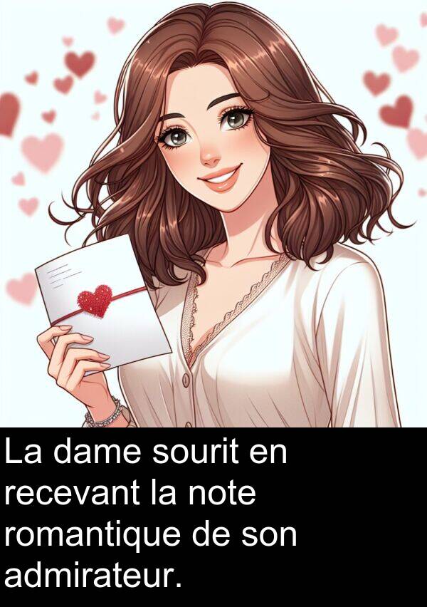 dame: La dame sourit en recevant la note romantique de son admirateur.