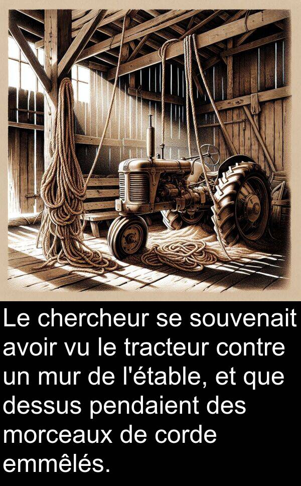 tracteur: Le chercheur se souvenait avoir vu le tracteur contre un mur de l'étable, et que dessus pendaient des morceaux de corde emmêlés.