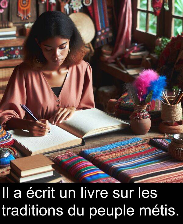 écrit: Il a écrit un livre sur les traditions du peuple métis.