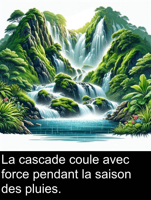 force: La cascade coule avec force pendant la saison des pluies.