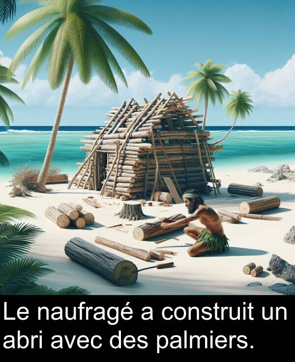 naufragé: Le naufragé a construit un abri avec des palmiers.