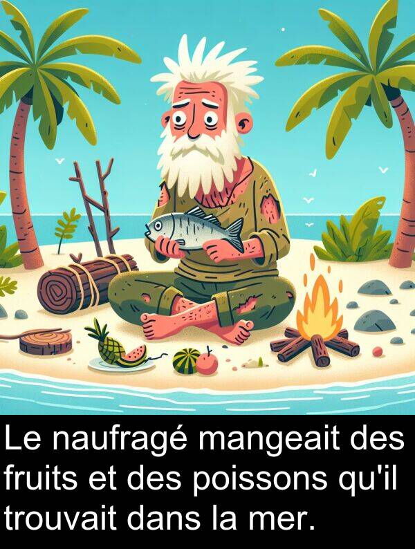 trouvait: Le naufragé mangeait des fruits et des poissons qu'il trouvait dans la mer.