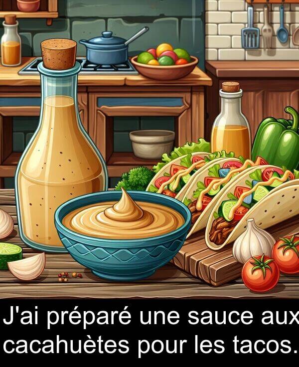 sauce: J'ai préparé une sauce aux cacahuètes pour les tacos.