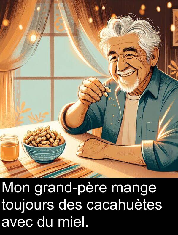 mange: Mon grand-père mange toujours des cacahuètes avec du miel.
