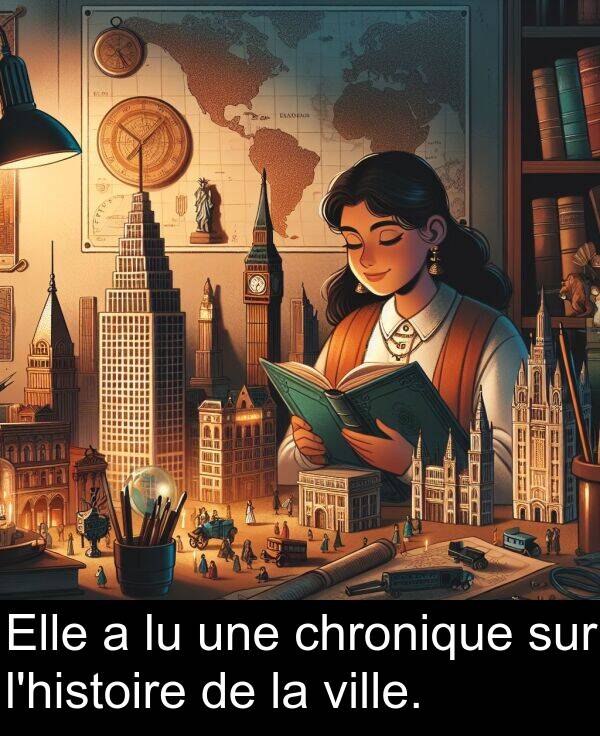 ville: Elle a lu une chronique sur l'histoire de la ville.