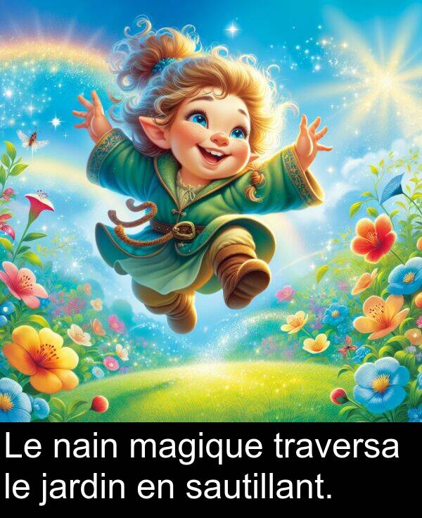 sautillant: Le nain magique traversa le jardin en sautillant.