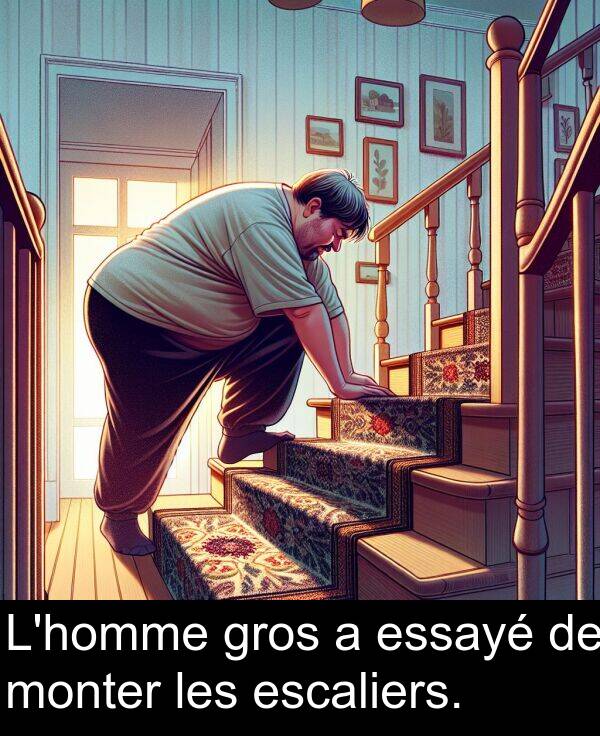 les: L'homme gros a essayé de monter les escaliers.