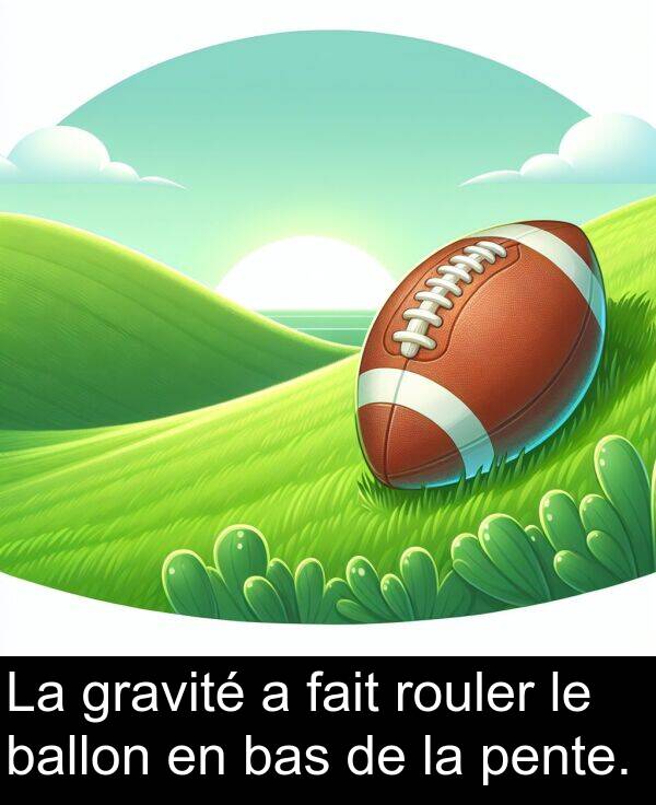 bas: La gravité a fait rouler le ballon en bas de la pente.