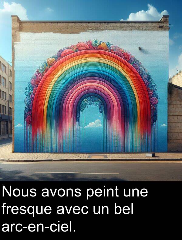 fresque: Nous avons peint une fresque avec un bel arc-en-ciel.