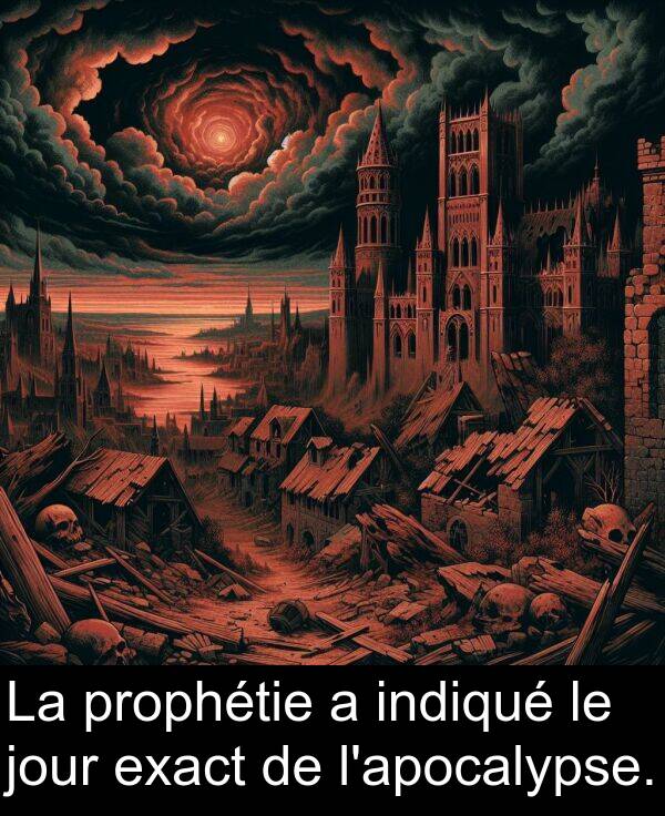 prophétie: La prophétie a indiqué le jour exact de l'apocalypse.