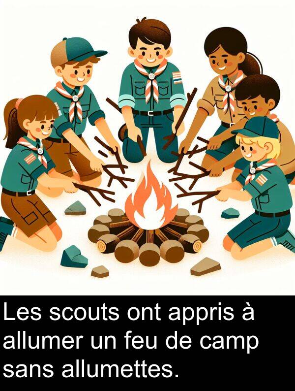 sans: Les scouts ont appris à allumer un feu de camp sans allumettes.
