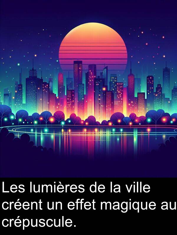 effet: Les lumières de la ville créent un effet magique au crépuscule.