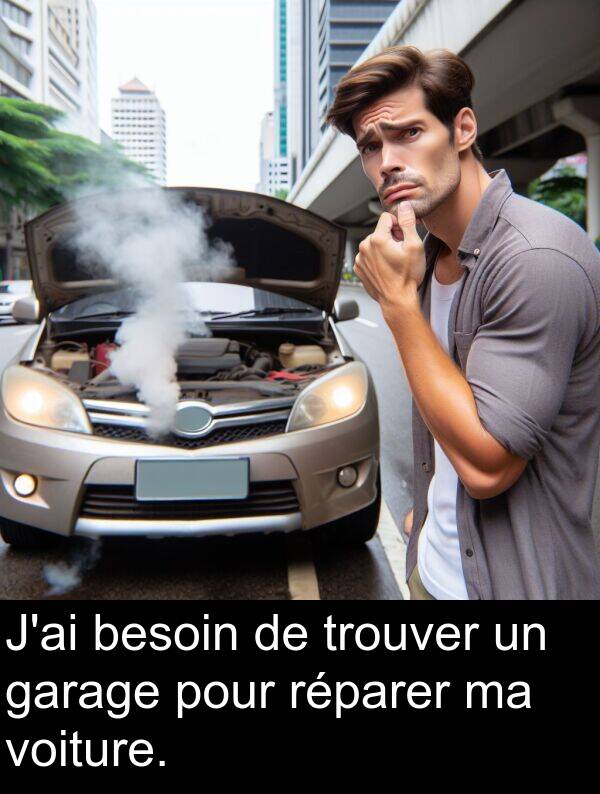 garage: J'ai besoin de trouver un garage pour réparer ma voiture.