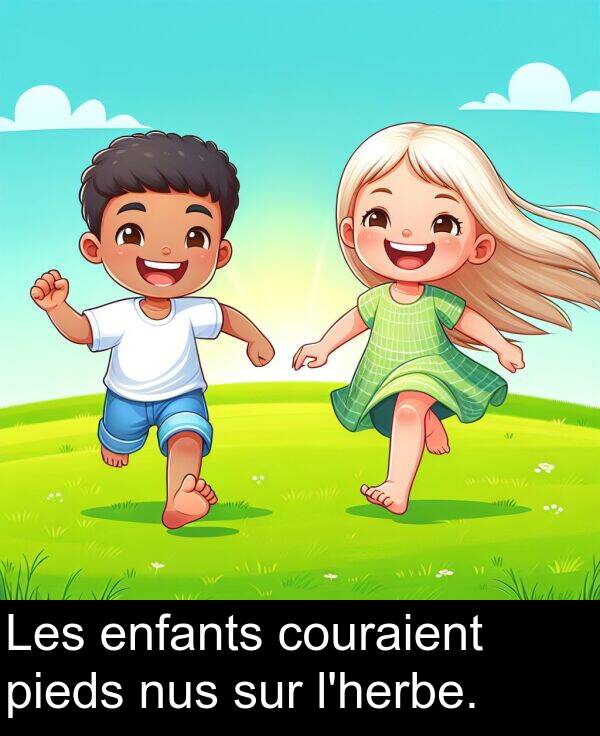 sur: Les enfants couraient pieds nus sur l'herbe.