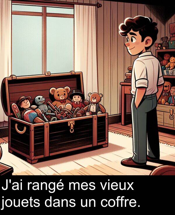 rangé: J'ai rangé mes vieux jouets dans un coffre.