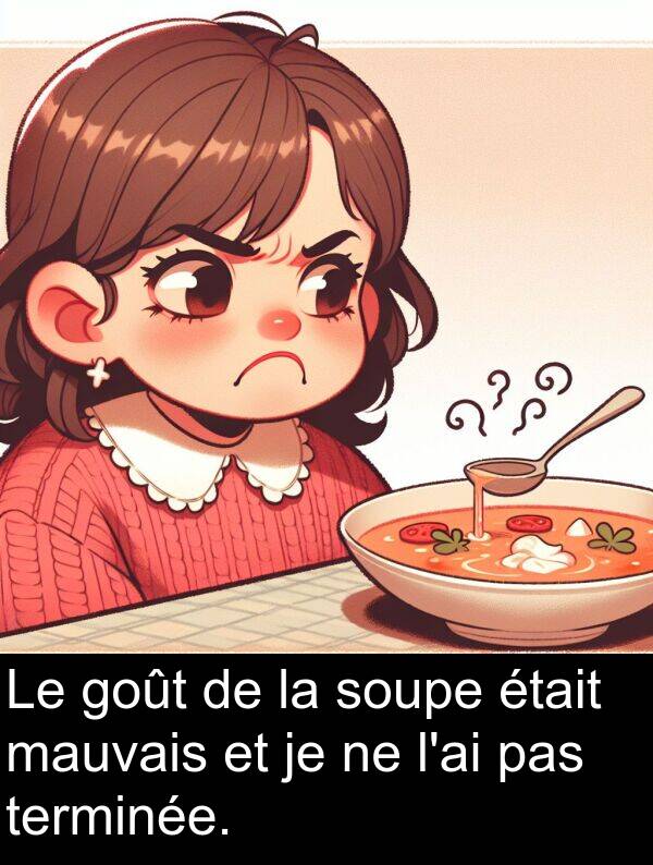 terminée: Le goût de la soupe était mauvais et je ne l'ai pas terminée.