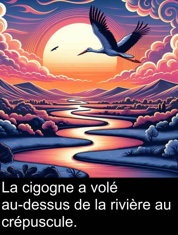 volé: La cigogne a volé au-dessus de la rivière au crépuscule.