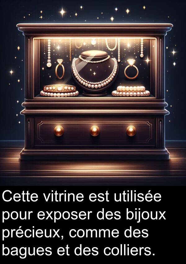 bagues: Cette vitrine est utilisée pour exposer des bijoux précieux, comme des bagues et des colliers.
