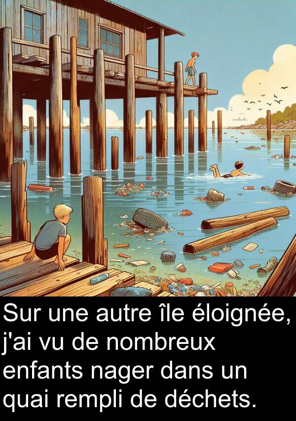 déchets: Sur une autre île éloignée, j'ai vu de nombreux enfants nager dans un quai rempli de déchets.
