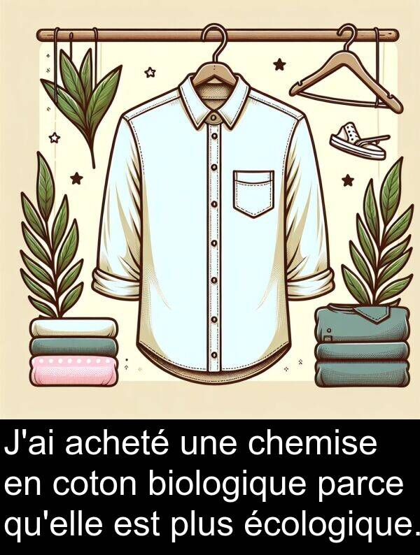 biologique: J'ai acheté une chemise en coton biologique parce qu'elle est plus écologique.