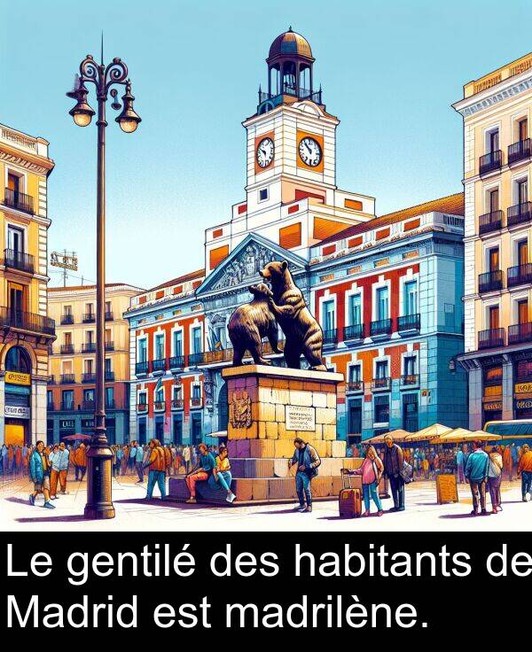 madrilène: Le gentilé des habitants de Madrid est madrilène.