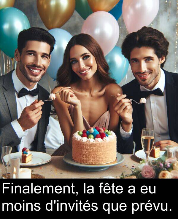 que: Finalement, la fête a eu moins d'invités que prévu.