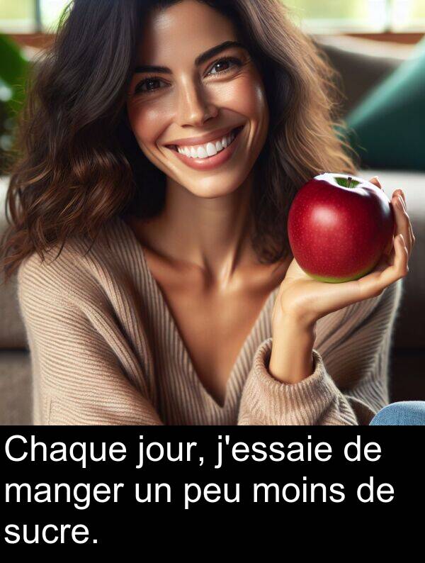 sucre: Chaque jour, j'essaie de manger un peu moins de sucre.