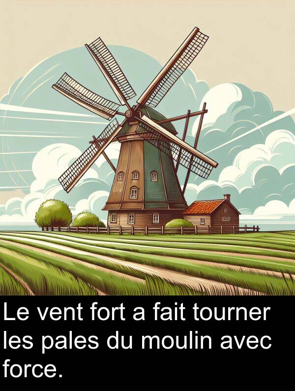 fait: Le vent fort a fait tourner les pales du moulin avec force.