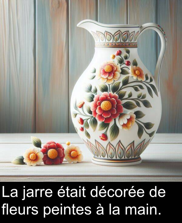 décorée: La jarre était décorée de fleurs peintes à la main.