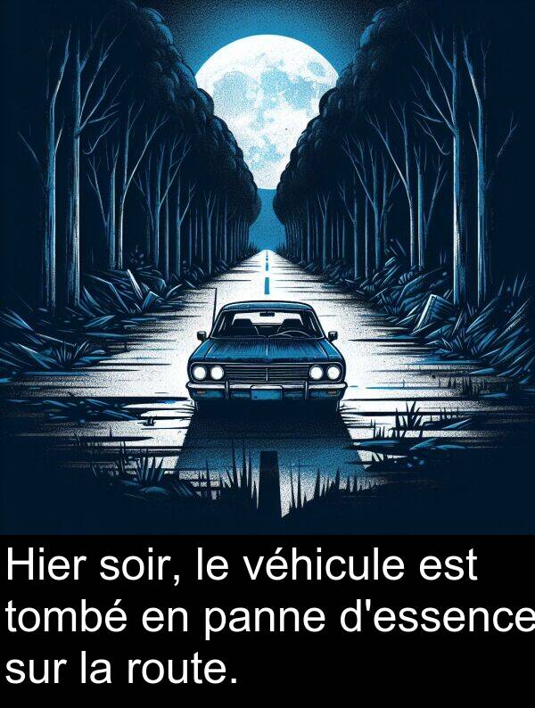 véhicule: Hier soir, le véhicule est tombé en panne d'essence sur la route.