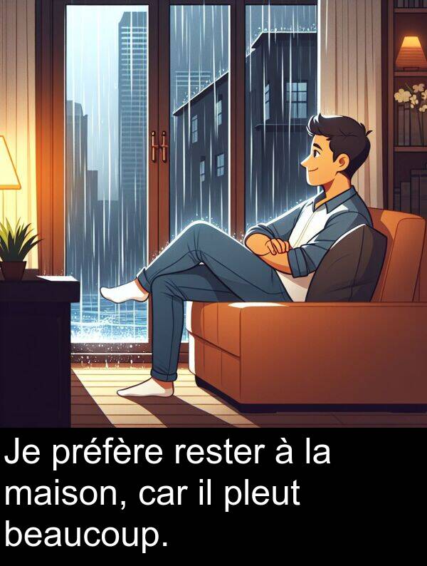 beaucoup: Je préfère rester à la maison, car il pleut beaucoup.