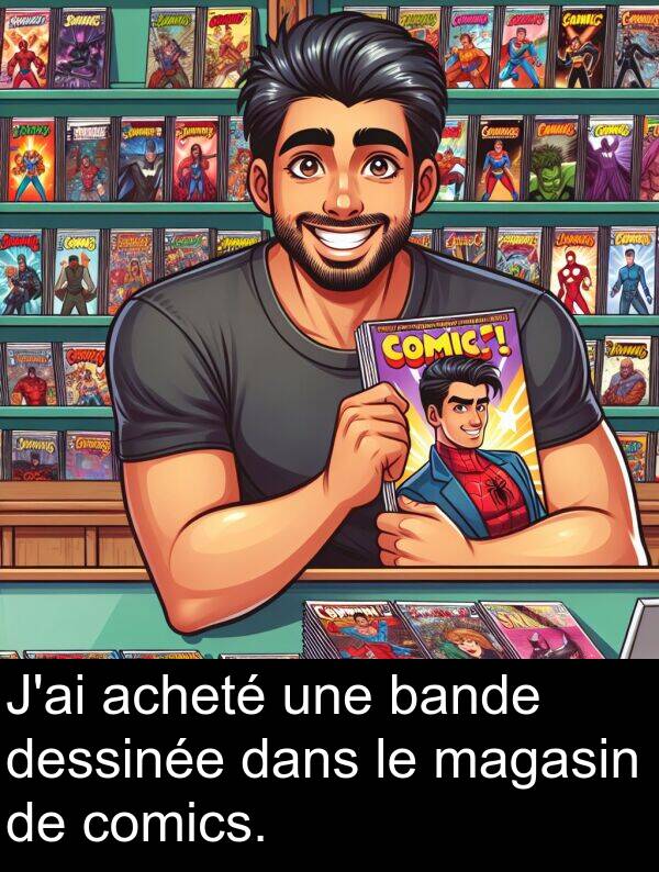 dessinée: J'ai acheté une bande dessinée dans le magasin de comics.
