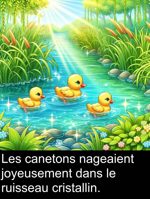 joyeusement: Les canetons nageaient joyeusement dans le ruisseau cristallin.