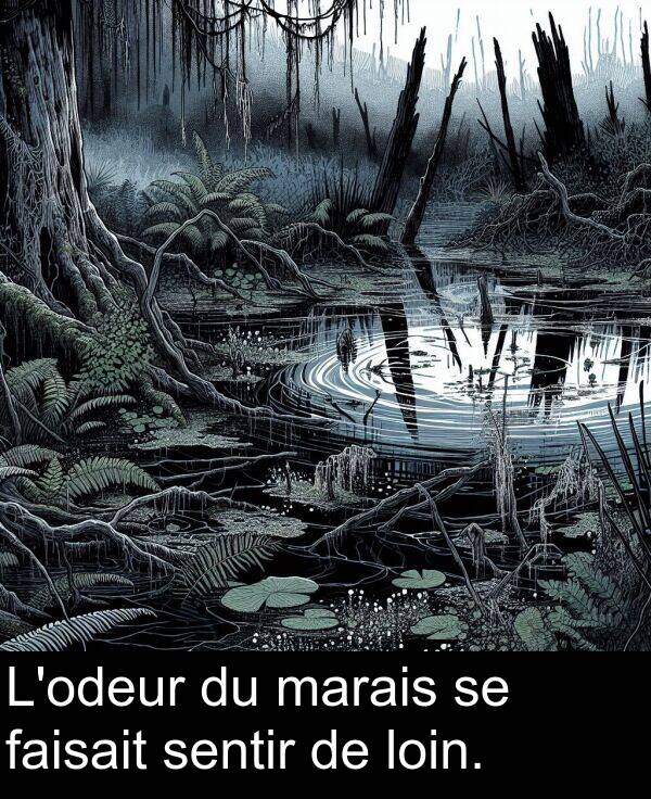 loin: L'odeur du marais se faisait sentir de loin.
