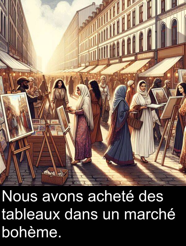 tableaux: Nous avons acheté des tableaux dans un marché bohème.