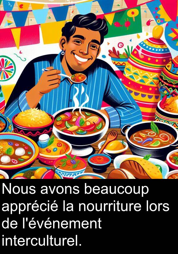 interculturel: Nous avons beaucoup apprécié la nourriture lors de l'événement interculturel.